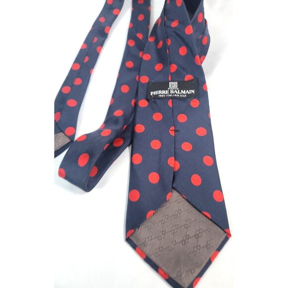 PIERRE BALMAIN Paris Luxury Men's 100% Italian Silk Tie Blue Red Dots - Picture 1 of 9